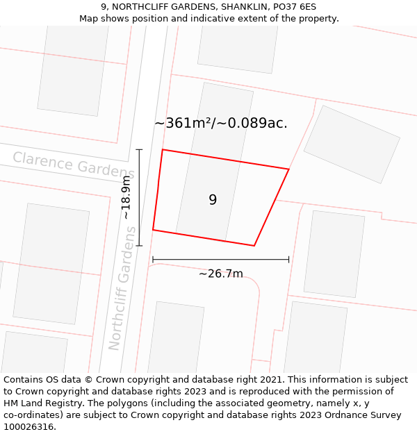 9, NORTHCLIFF GARDENS, SHANKLIN, PO37 6ES: Plot and title map