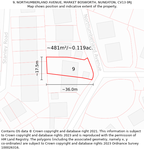 9, NORTHUMBERLAND AVENUE, MARKET BOSWORTH, NUNEATON, CV13 0RJ: Plot and title map