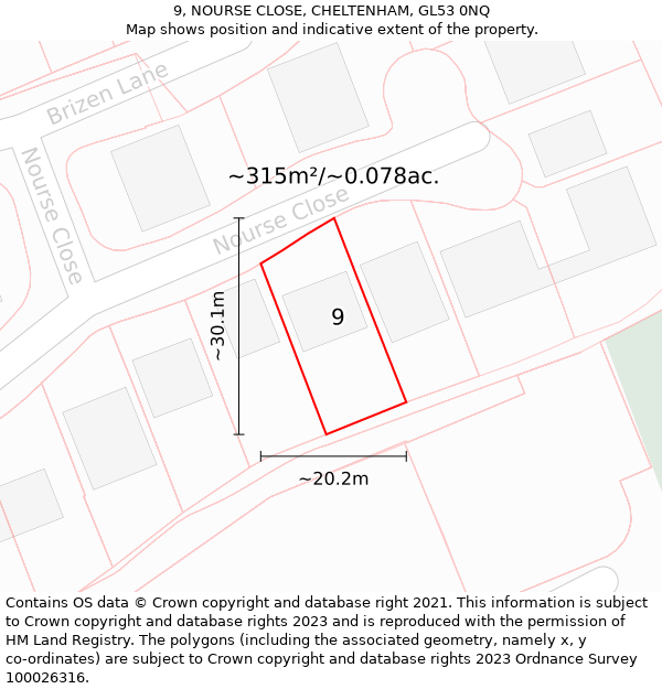 9, NOURSE CLOSE, CHELTENHAM, GL53 0NQ: Plot and title map