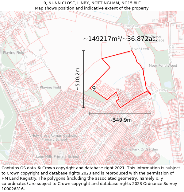 9, NUNN CLOSE, LINBY, NOTTINGHAM, NG15 8LE: Plot and title map