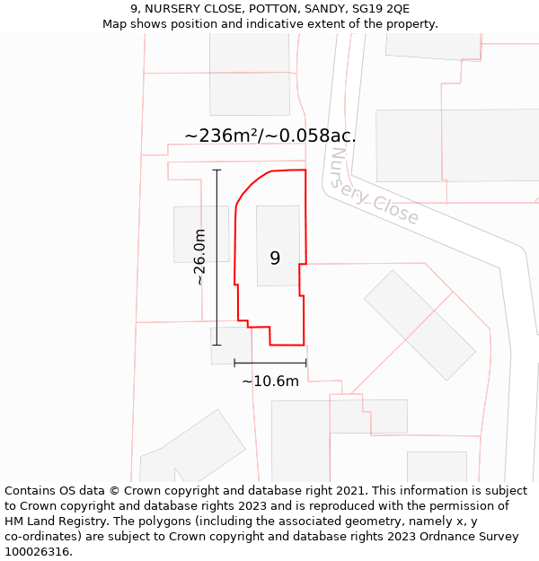 9, NURSERY CLOSE, POTTON, SANDY, SG19 2QE: Plot and title map