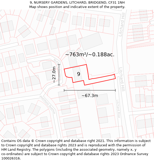 9, NURSERY GARDENS, LITCHARD, BRIDGEND, CF31 1NH: Plot and title map