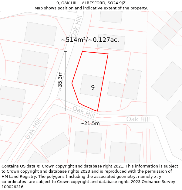 9, OAK HILL, ALRESFORD, SO24 9JZ: Plot and title map