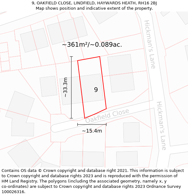 9, OAKFIELD CLOSE, LINDFIELD, HAYWARDS HEATH, RH16 2BJ: Plot and title map