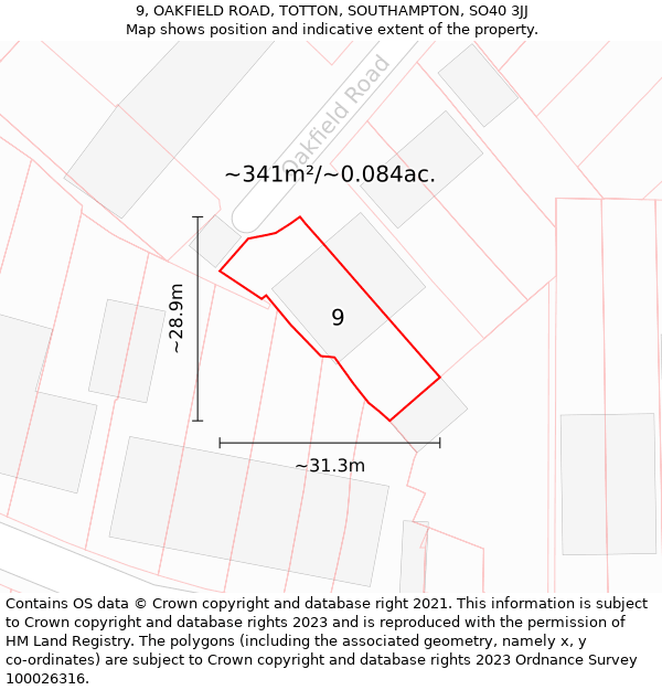 9, OAKFIELD ROAD, TOTTON, SOUTHAMPTON, SO40 3JJ: Plot and title map