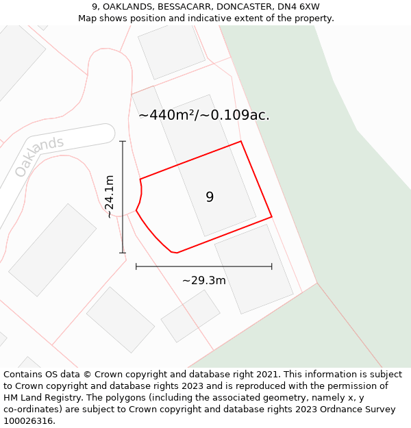 9, OAKLANDS, BESSACARR, DONCASTER, DN4 6XW: Plot and title map