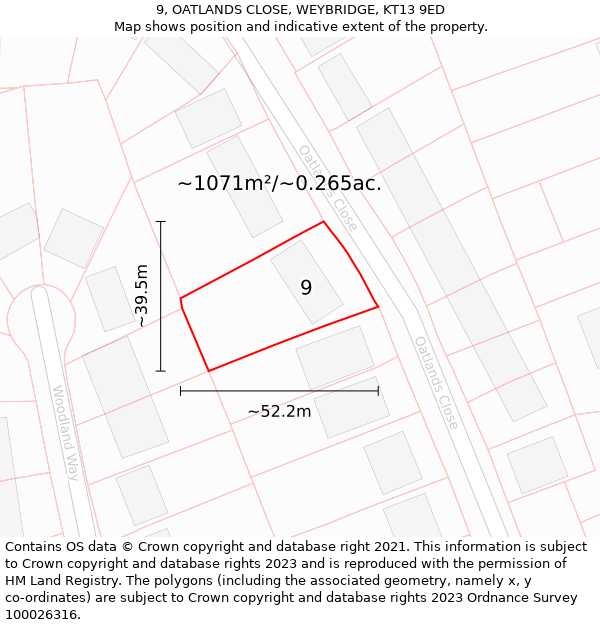 9, OATLANDS CLOSE, WEYBRIDGE, KT13 9ED: Plot and title map