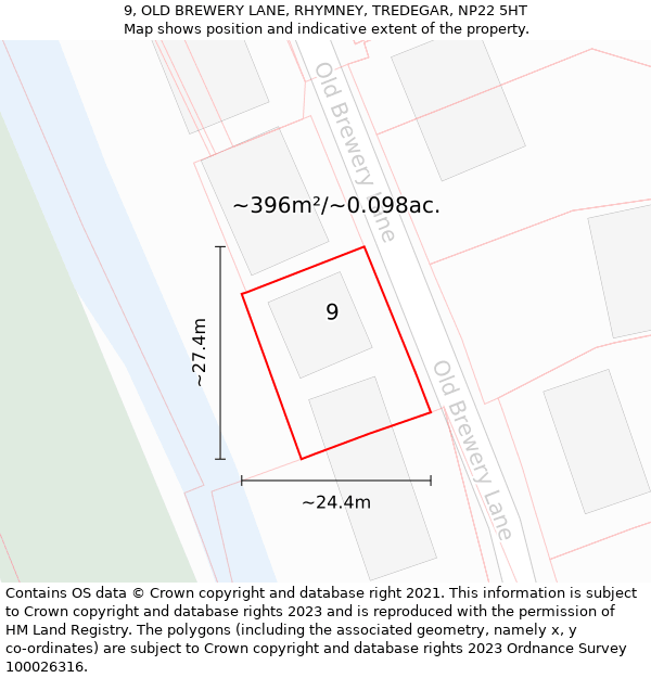 9, OLD BREWERY LANE, RHYMNEY, TREDEGAR, NP22 5HT: Plot and title map