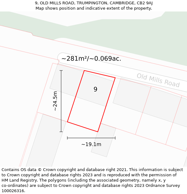 9, OLD MILLS ROAD, TRUMPINGTON, CAMBRIDGE, CB2 9AJ: Plot and title map