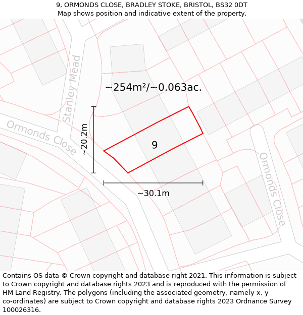 9, ORMONDS CLOSE, BRADLEY STOKE, BRISTOL, BS32 0DT: Plot and title map