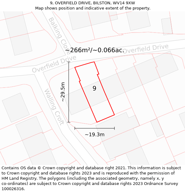 9, OVERFIELD DRIVE, BILSTON, WV14 9XW: Plot and title map