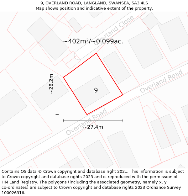 9, OVERLAND ROAD, LANGLAND, SWANSEA, SA3 4LS: Plot and title map