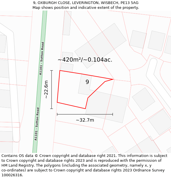 9, OXBURGH CLOSE, LEVERINGTON, WISBECH, PE13 5AG: Plot and title map