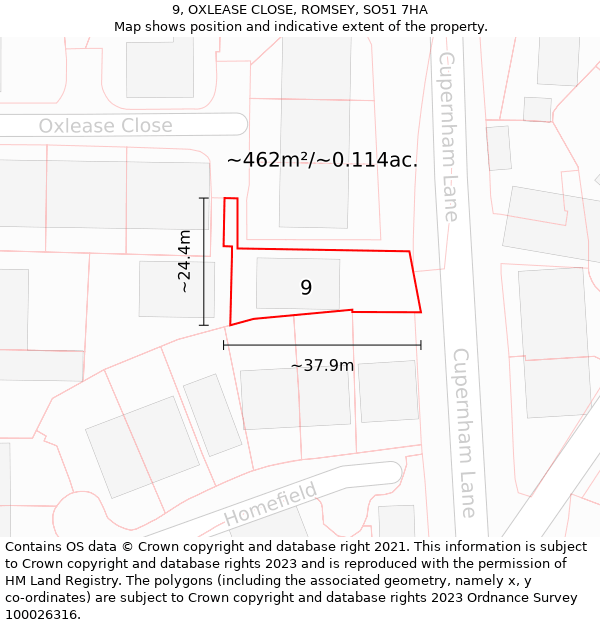 9, OXLEASE CLOSE, ROMSEY, SO51 7HA: Plot and title map