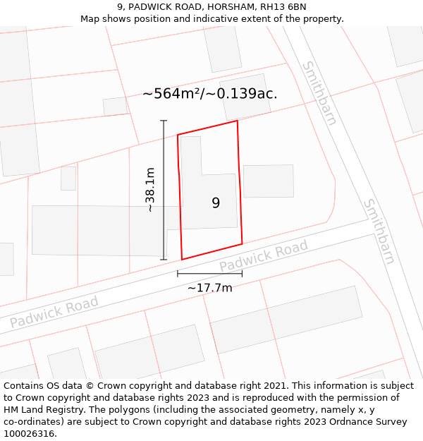 9, PADWICK ROAD, HORSHAM, RH13 6BN: Plot and title map