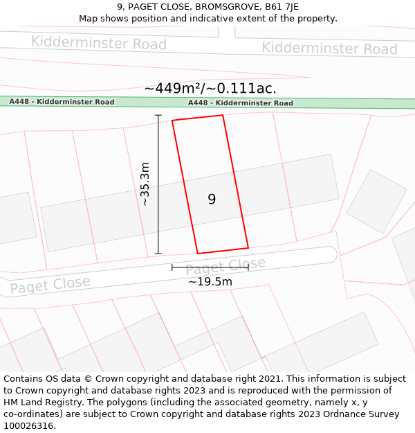 9, PAGET CLOSE, BROMSGROVE, B61 7JE: Plot and title map