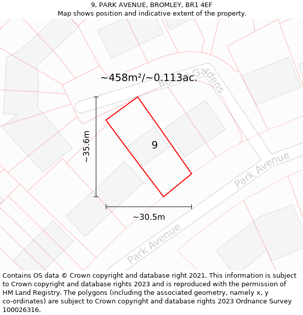 9, PARK AVENUE, BROMLEY, BR1 4EF: Plot and title map