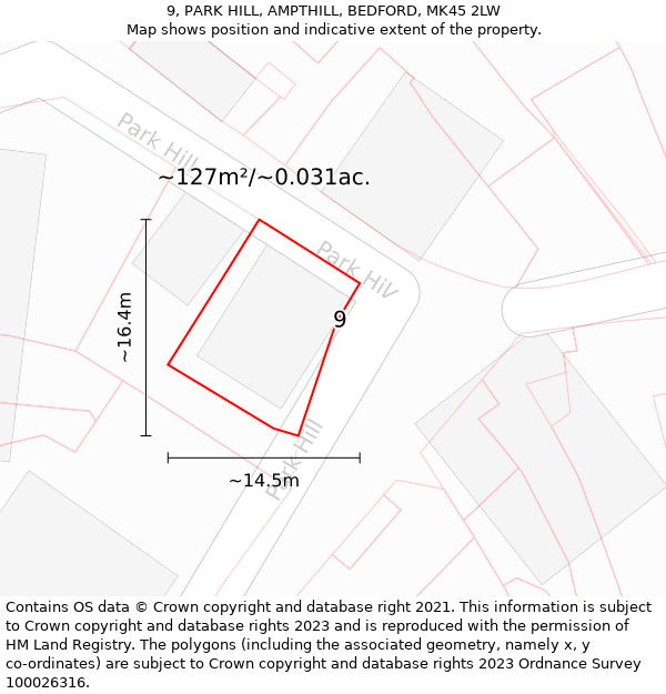 9, PARK HILL, AMPTHILL, BEDFORD, MK45 2LW: Plot and title map