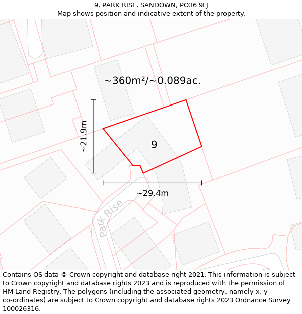 9, PARK RISE, SANDOWN, PO36 9FJ: Plot and title map