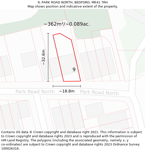 9, PARK ROAD NORTH, BEDFORD, MK41 7RH: Plot and title map