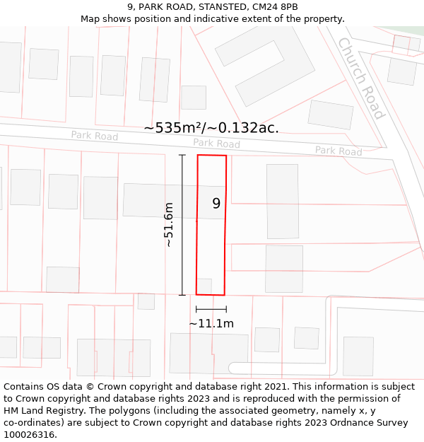 9, PARK ROAD, STANSTED, CM24 8PB: Plot and title map