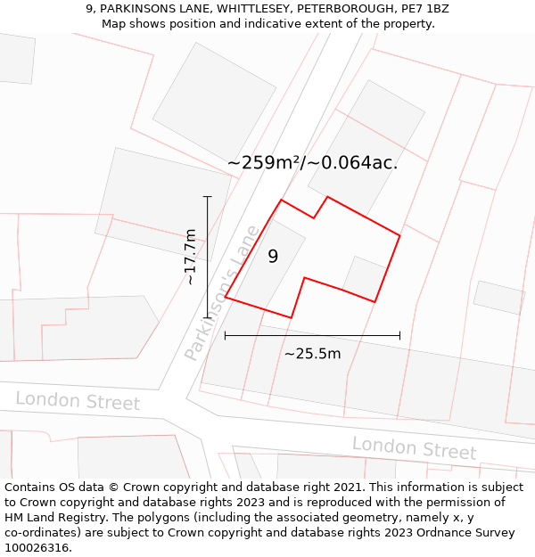 9, PARKINSONS LANE, WHITTLESEY, PETERBOROUGH, PE7 1BZ: Plot and title map