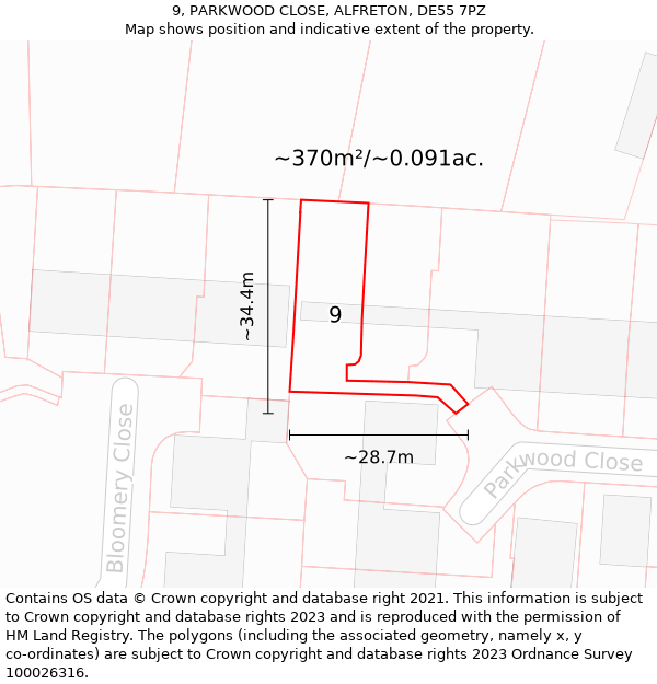 9, PARKWOOD CLOSE, ALFRETON, DE55 7PZ: Plot and title map