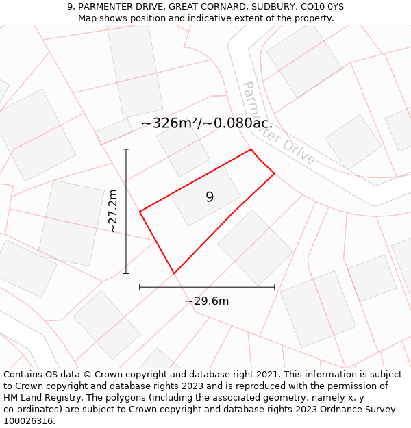 9, PARMENTER DRIVE, GREAT CORNARD, SUDBURY, CO10 0YS: Plot and title map