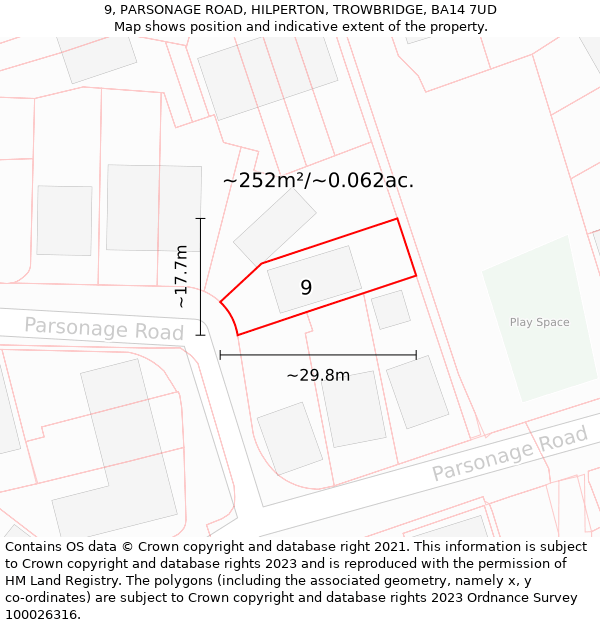 9, PARSONAGE ROAD, HILPERTON, TROWBRIDGE, BA14 7UD: Plot and title map