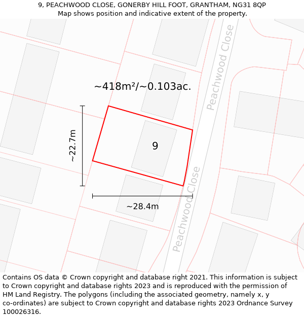 9, PEACHWOOD CLOSE, GONERBY HILL FOOT, GRANTHAM, NG31 8QP: Plot and title map