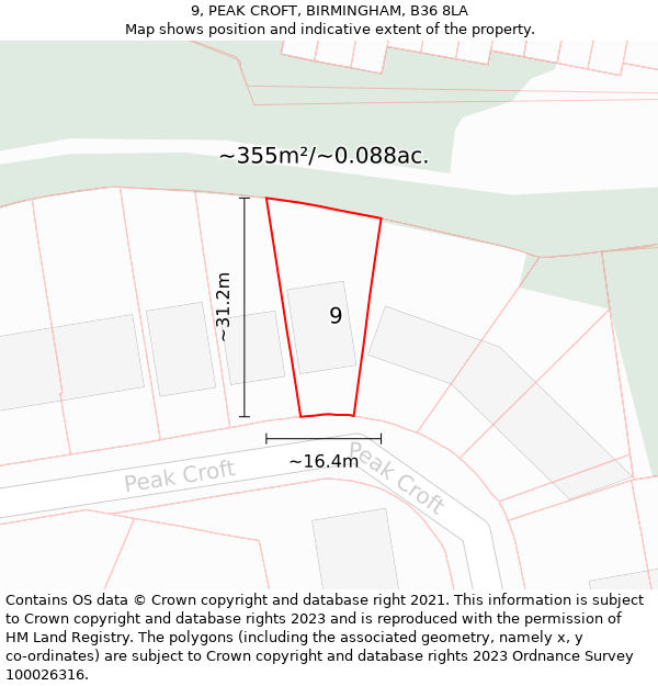 9, PEAK CROFT, BIRMINGHAM, B36 8LA: Plot and title map