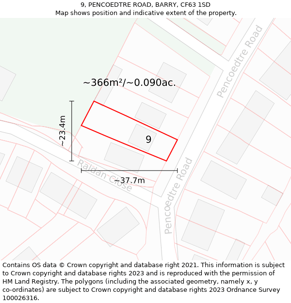 9, PENCOEDTRE ROAD, BARRY, CF63 1SD: Plot and title map
