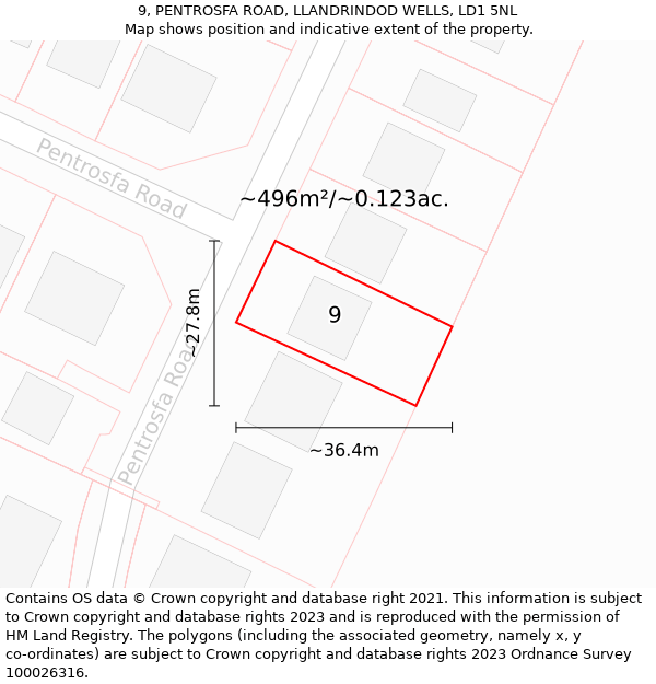 9, PENTROSFA ROAD, LLANDRINDOD WELLS, LD1 5NL: Plot and title map