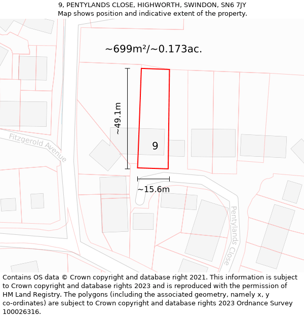 9, PENTYLANDS CLOSE, HIGHWORTH, SWINDON, SN6 7JY: Plot and title map