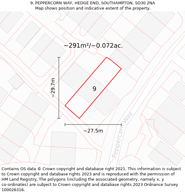 9, PEPPERCORN WAY, HEDGE END, SOUTHAMPTON, SO30 2NA: Plot and title map