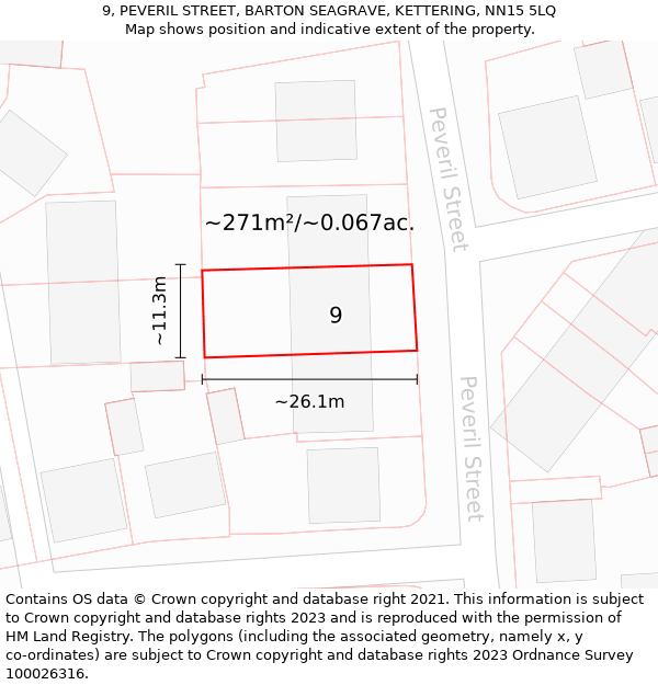 9, PEVERIL STREET, BARTON SEAGRAVE, KETTERING, NN15 5LQ: Plot and title map