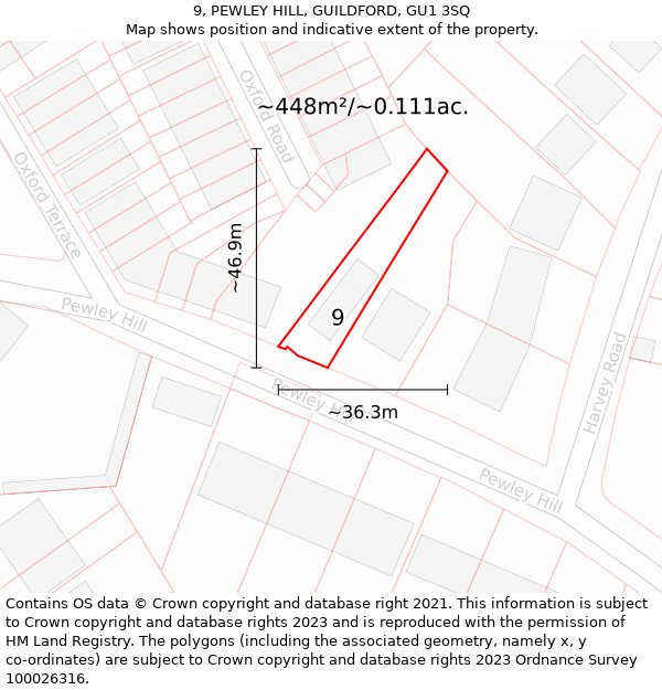 9, PEWLEY HILL, GUILDFORD, GU1 3SQ: Plot and title map