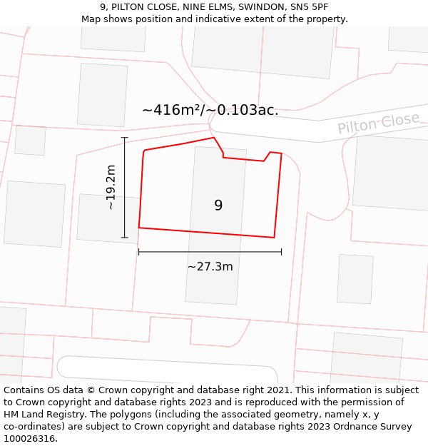 9, PILTON CLOSE, NINE ELMS, SWINDON, SN5 5PF: Plot and title map