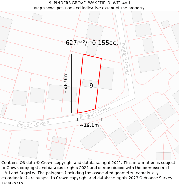 9, PINDERS GROVE, WAKEFIELD, WF1 4AH: Plot and title map