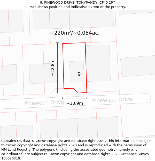 9, PINEWOOD DRIVE, TONYPANDY, CF40 2PY: Plot and title map