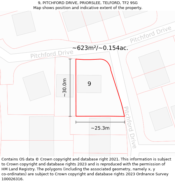 9, PITCHFORD DRIVE, PRIORSLEE, TELFORD, TF2 9SG: Plot and title map