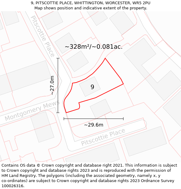 9, PITSCOTTIE PLACE, WHITTINGTON, WORCESTER, WR5 2PU: Plot and title map
