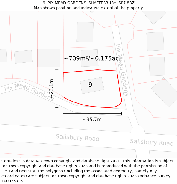 9, PIX MEAD GARDENS, SHAFTESBURY, SP7 8BZ: Plot and title map