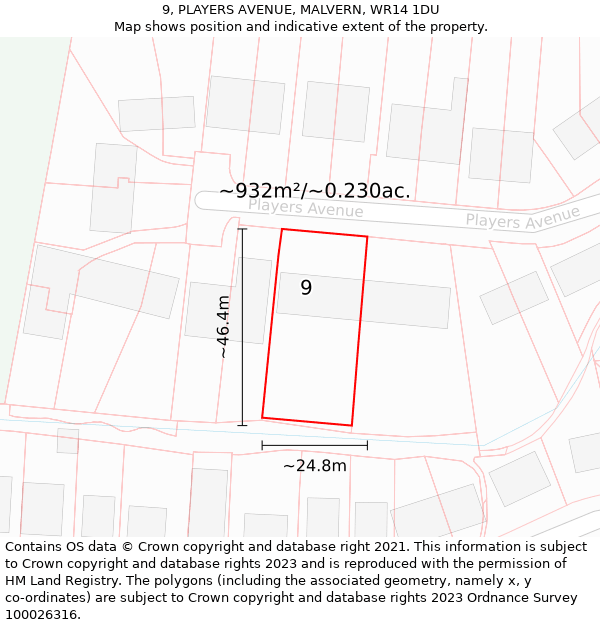 9, PLAYERS AVENUE, MALVERN, WR14 1DU: Plot and title map