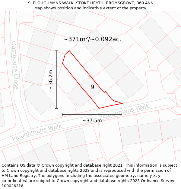 9, PLOUGHMANS WALK, STOKE HEATH, BROMSGROVE, B60 4NN: Plot and title map