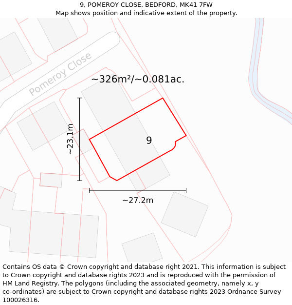 9, POMEROY CLOSE, BEDFORD, MK41 7FW: Plot and title map