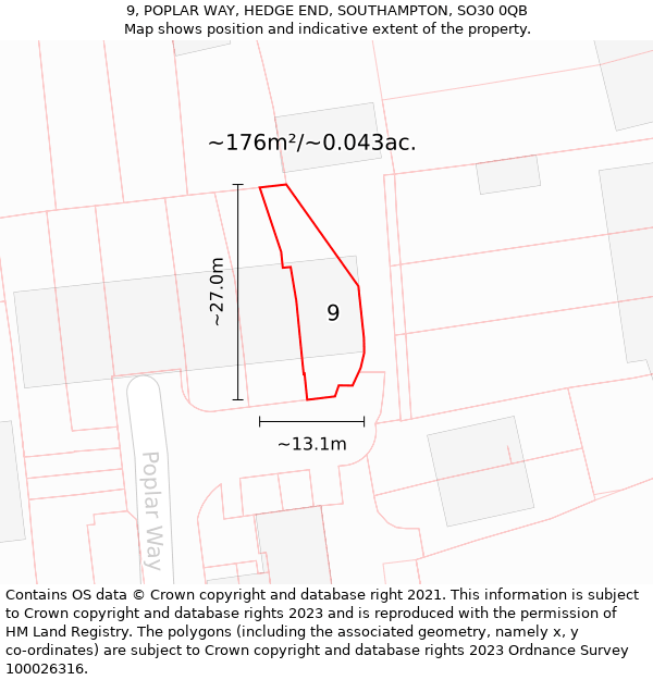 9, POPLAR WAY, HEDGE END, SOUTHAMPTON, SO30 0QB: Plot and title map