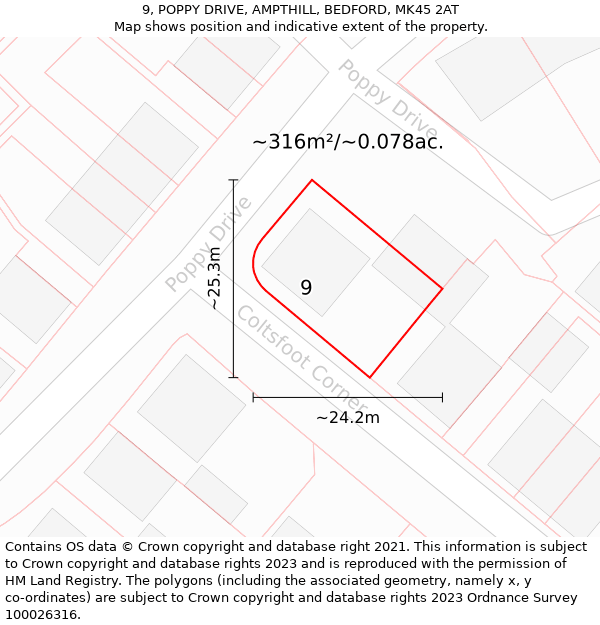 9, POPPY DRIVE, AMPTHILL, BEDFORD, MK45 2AT: Plot and title map