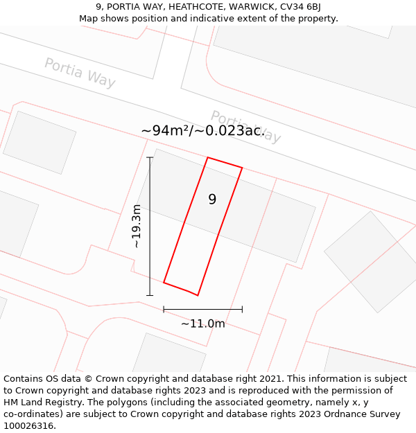 9, PORTIA WAY, HEATHCOTE, WARWICK, CV34 6BJ: Plot and title map