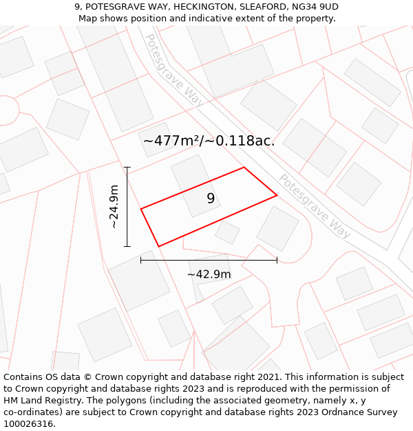 9, POTESGRAVE WAY, HECKINGTON, SLEAFORD, NG34 9UD: Plot and title map